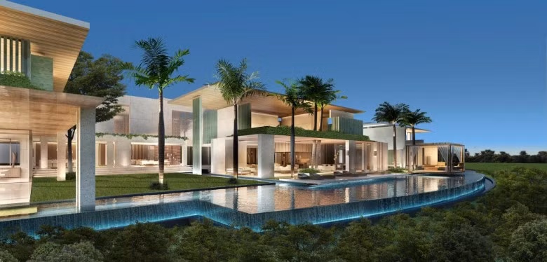Villa Emirates Hills 17,7 triệu đô. Biệt thự này được thiết kế theo phong cách Phục Hưng với những bức điêu khắc tinh vi và đài phun nước bằng đá giữa nhà. Cầu thang đá cẩm thạch thể hiện sự nguy nga và đầu sư tử nơi đài phun nước khơi gợi quyền lực.