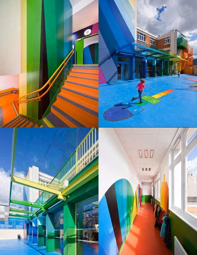 Nhà trẻ cầu vồng École Maternelle Pajol, Paris. Thật ghen tị khi những đứa trẻ có thể học tại một ngôi trường đẹp như thế này. Trẻ sẽ được sống thực sự trong môi trường đủ màu sắc cầu vồng vui nhộn.