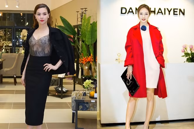 Trang phục gồm áo khoác, váy bút chì và áo voan của Hà Hồ có tổng giá gần 30 triệu đồng, riêng mẫu áo khoác phom dài của Jennifer Phạm giá 18 triệu đồng, mức giá ngang tầm với nhiều nhiều thương hiệu nổi tiếng quốc tế. Hai mẫu váy này đều là thiết kế của Đặng Hải Yến. Ảnh: Báo mới.