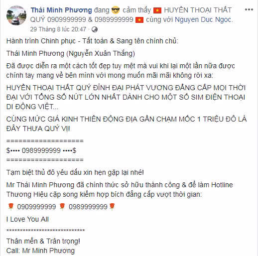 Chưa hết “hot” thì ngày 29/8, anh tiếp tục chi 19 tỷ để sở hữu siêu sim 0989999999 từ một vị đại gia ở Hà Nội. Ảnh: FBNV.