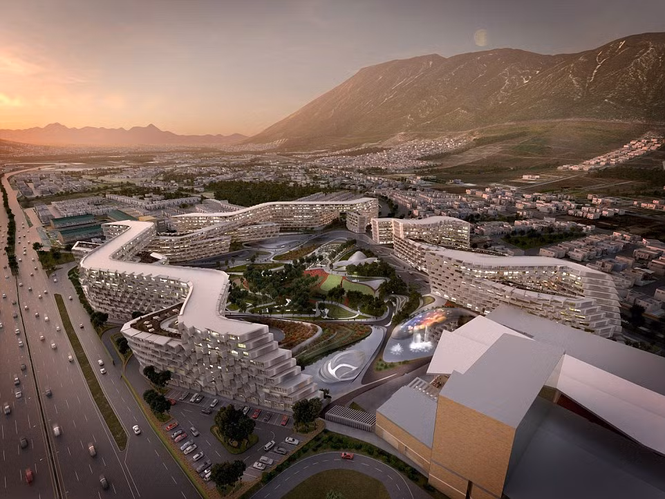 Khu phức hợp Esfera City Center Monterrey, Mexico. Căn hộ phức hợp khổng lồ này có 981 căn hộ xung quanh một công viên lớn. Cấu trúc bao quanh làm giảm tác động trực tiếp của ánh sáng mặt trời và sức gió.