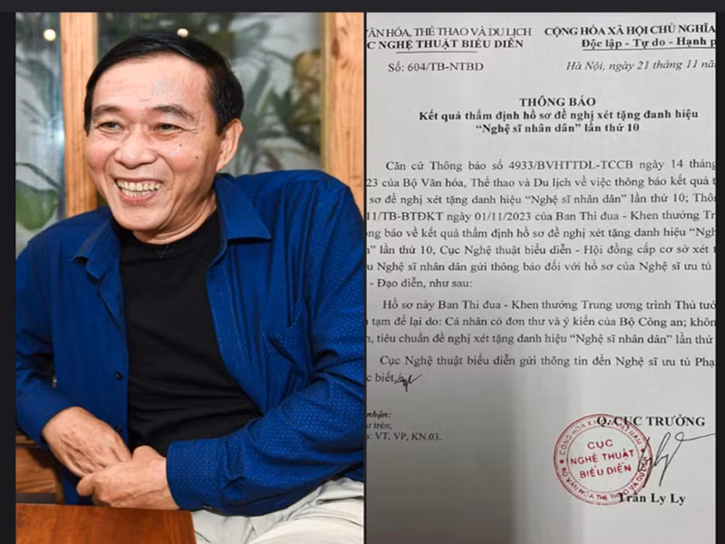 Thông tin NSƯT Đỗ Kỷ trượt xét danh hiệu NSND đang nhận được sự quan tâm của nhiều khán giả. Chia sẻ trên trang cá nhân, ông cho biết, ngày vào ngày 21/11, ông nhận được văn bản do Quyền Cục trưởng Cục Nghệ thuật biểu diễn Trần Ly Ly ký, thông báo về việc hồ sơ xin xét tặng danh hiệu NSND của ông bị dừng lại do có đơn thư khiếu nại và có ý kiến của Bộ Công an. Ảnh: Dân Việt.