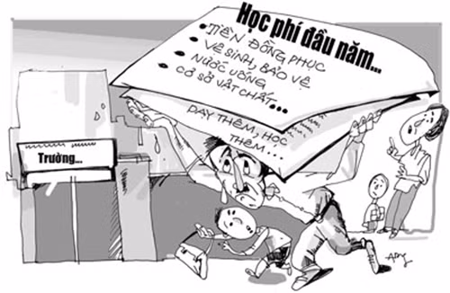 Tình trạng lạm thu đầu năm học là gánh nặng và nỗi lo của nhiều gia đình có con đang đi học. Tranh biếm họa.