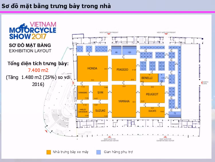 Năm nay, VMCS 2017 vẫn sẽ tiếp tục được tổ chức tại trung tâm triển lãm Sài Gòn SECC. Tuy nhiên so với năm ngoái, tổng diện tích sự kiện đã lớn hơn, đạt tới hơn 10.000 m2. Trong đó, chỉ tính riêng tổng diện tích trưng bày trong nhà đã lên tới 7400 m2 - tăng 1480 m2 hay 25% so với năm 2016.