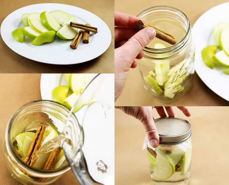 Công thức detox từ táo và quế. Chuẩn bị: Lọ, hoặc bình nước lớn; 500ml nước; 1 quả táo; 3 thanh quế. Táo rửa sạch, bổ thành các miếng nhỏ sao cho vừa với lọ chứa. Sau đó cho táo, quế vào trong lọ, đổ nước vào và đóng nắp.