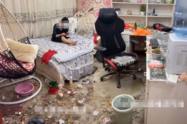 Căn phòng này không khác gì một bãi rác thải, nền nhà chi chít tàn thuốc, đồ ăn, đồ uống vứt la liệt, ngay cả những chiếc gối cũng mốc meo đen sì.