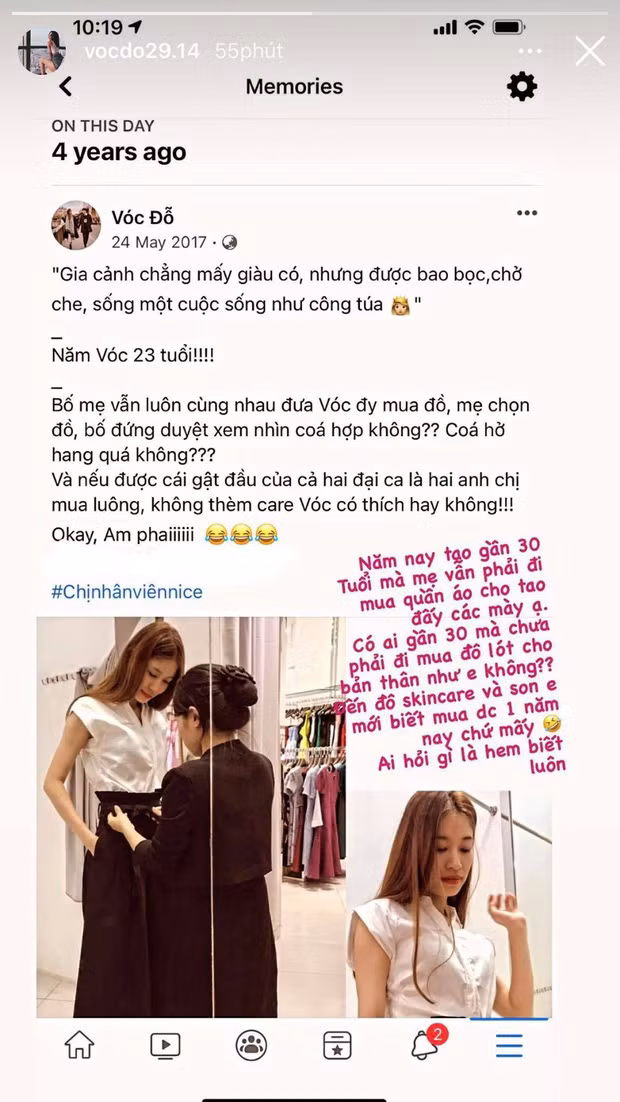 Trên story gợi nhắc lại quá khứ, gái xinh Vóc Đỗ kể chuyện bố mẹ dẫn đi mua quần áo 4 năm trước. Bên cạnh đó, nàng WAG cũng chia sẻ thêm dù ở hiện tại đã 30 tuổi và đã lấy chồng nhưng vẫn được mẹ đi mua quần áo cho.