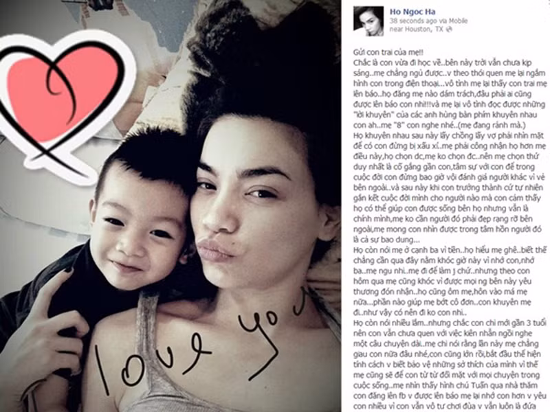 “Mẹ biết rằng từ khi có con mẹ biết đau hơn, khóc nhiều hơn, cười nhiều hơn và biết hôn sâu hơn. Mẹ cũng tập được cho mình sống nhẹ hơn, yêu đời hơn, học hỏi những điểm tốt của mọi người xung quanh và bỏ qua những phút "yếu" lòng của họ. Đâu cần phải trách ai đúng không con. Để dành thời gian đó mình tạo dáng xì tin thế này vui hơn con nhỉ. Con ra công viên chơi đi nhé. Mẹ sắp về rồi. Mẹ con mình lại ngồi xích đu xem ai đu cao hơn nhé. Mẹ nhớ con", nữ ca sĩ tâm sự.