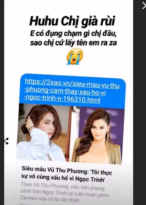 Ngọc Trinh chia sẻ phát ngôn của Vũ Thu Phương kèm bình luận: "Chị già rùi. Em có đụng chạm gì chị đâu, sao chị cứ lấy tên em ra". Tiếp đó, cô đáp trả đàn chị: "Tha cho em đi chị ơi, đừng để tên em và chị "phải" xuất hiện trong cùng 1 bài nữa. Em chỉ còn chút hơi sức mua đồ về đập hộp, chứ không còn hơi để cho người khác dựa”.