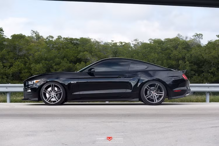 Ở hai bên thân xe, gói độ R7 cũng bổ sung cho Mustang những thanh nẹp khí động học bằng sợi carbon. "Thế đứng" của chiếc xe đã thấp hơn Mustang nguyên bản nhờ hệ thống treo thể thao có khả năng điều chỉnh 3 cấp độ.