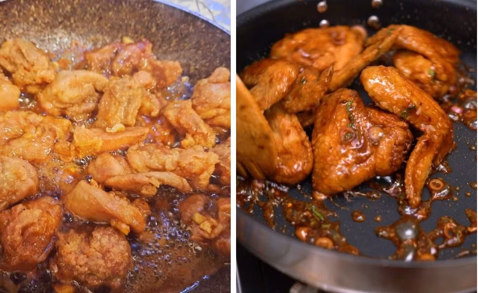 Trong chảo vừa chiên gà, nếu còn nhiều dầu, bạn dùng thìa vớt ra, để lại khoảng 1 muỗng canh. Bật bếp lửa vửa, cho gừng tỏi và hành tây (nếu có) vào phi thơm. Ảnh minh họa