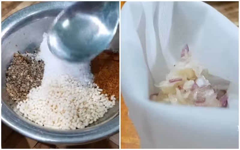  Ướp thịt: Cho vào tô các gia vị ướp thịt gồm 1/2 muỗng cà phê ngũ vị hương, 1 muỗng cà phê muối, 1/2 muỗng cà phê tiêu, 1 muỗng cà phê hạt nêm rồi trộn đều tất cả lên. Sau đó cho hành tím và tỏi vào cối giã nhuyễn xong cho vào túi lọc vắt lấy nước. Ảnh Internet