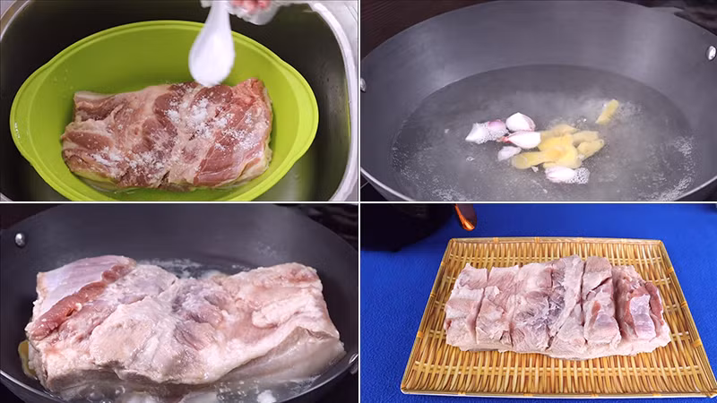  Làm heo quay bằng nồi chiên không dầu: Cho thịt vào thau, thêm vào đó 1 muỗng canh muối để khử mùi. Cạo sạch lớp lông rồi rửa sạch với nước và mang đi luộc phần da thịt. Gừng và hành tím bóc vỏ rồi đập hơi dập. Chuẩn bị một nồi nước, thả gừng và tỏi vào. Khi nước sôi, bạn cho thịt vào luộc khoảng 5 phút, sau đó, vớt ra và để thật ráo nước (chú ý để phần da phía dưới và nước ngập phân nửa thịt là được). Khi thịt đã ráo, dùng dao khía thịt thành từng đường dài khoảng 1cm để thịt dễ chín. Ảnh Internet