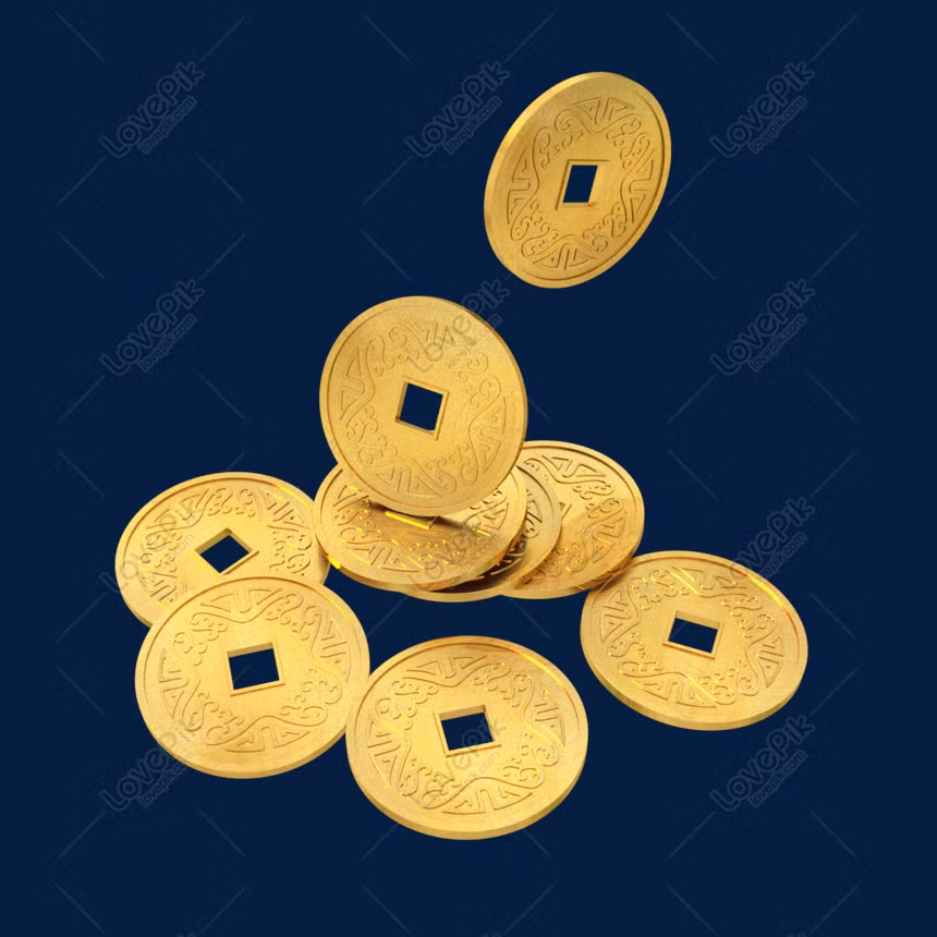  Đồng xu vàng. Những đồng xu vàng có hình tròn với một lỗ vuông ở trung tâm đại diện cho sự hòa hợp của trời và của đất. Người xưa cho rằng ba đồng tiền xu được buộc dây đỏ để trong túi sẽ mang lại cho bạn nhiều may mắn. 