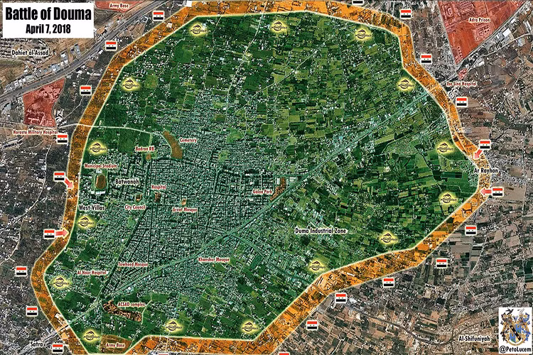 Trong ảnh là tình hình chiến sự ở Douma, Đông Ghouta tính tới ngày 7/4/2018 theo Spouth Frront. Ảnh: southfront.org.