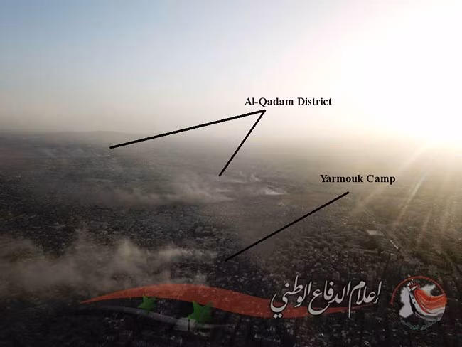 Các vị trí quận Trại tị nạn Yarmouk và quận Qadam, nới IS còn chiếm giữ - ảnh minh họa lực lượng NDF của Syria.