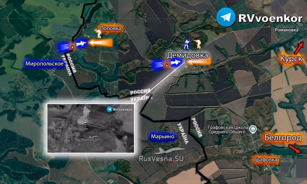 Trước đó từ ngày 18/3, quân Ukraine đã tấn công vào khu vực quận Krasnoyarsk thuộc tỉnh Belgorod của Nga. AFU từ tỉnh Sumy tiếp tục điều các nhóm bộ binh nhỏ qua các lối mở đã được tạo ra trong hàng "răng rồng" để tăng viện cho các mũi xung kích, đang bị thiệt hại nặng nề tại những ngôi làng giáp biên giới như Popovka và Demidovka. 