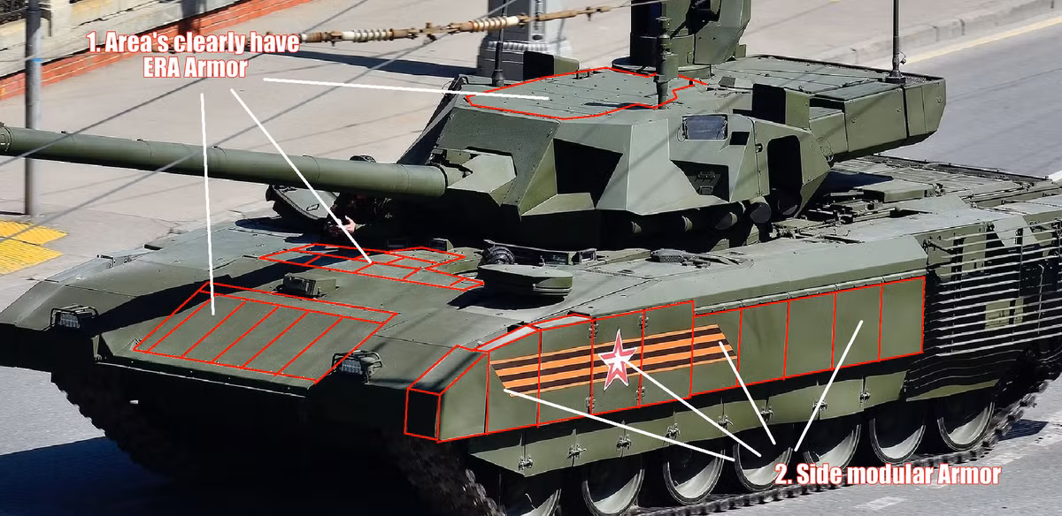 Ngoài ra, xe còn được trang bị hệ thống radar và camera 360 độ cho khả năng nhận biết tình huống cao, xe được bổ sung lớp giáp bảo vệ vượt xa các loại xe tăng hiện đại ngày nay và bao gồm cả giáp phản ứng nổ Malachit mới.