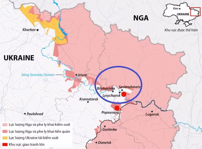 Hiện nay Quân đội đang còn phòng thủ ở thành phố Sieverodonetsk và Lisichansk, đã bị quân Nga cắt đứt các tuyến đường tiếp viện (trên danh nghĩa các tuyến đường đến Lisichansk chưa bị quân Nga chiếm đóng, nhưng nằm trong các tầm pháo khống chế của quân Nga). 