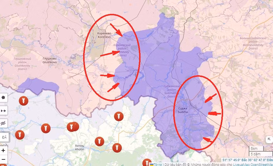Tại khu vực Korenevo và Sudzha, giao tranh giữa quân Nga và Ukraine ở các khu dân cư khác nhau về cơ bản ở cấp độ trung đội. Các máy bay chiến đấu của Nga đang bay lượn trên bầu trời và sẽ ném bom hạng nặng khi phát hiện thấy quân Ukraine tập hợp lại.
