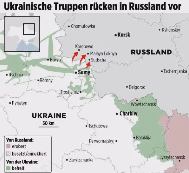 Cuộc tấn công bất ngờ của Quân đội Ukraine vào tỉnh Kursk của Nga, đang biến thành một cuộc phiêu lưu thất bại và tạo thêm những vấn đề nghiêm trọng cho Quân đội Ukraine ở các khu vực khác của mặt trận. Quân đội Ukraine đang cố giữ đầu cầu ở phần lãnh thổ chiếm được của Nga; nhưng họ cũng phải tung thêm nhiều lực lượng dự bị vào cuộc đột phá.