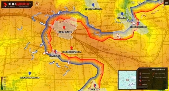  Ocheretino là trung tâm tuyến phòng ngự của Quân đội Ukraine ở phía tây bắc thành phố Avdiivka; khi Avdiivka còn do Ukraine kiểm soát, Ocheretino là điểm trung chuyển hậu cần cho quân Ukraine chiến đấu trong thành phố. Sau khi Avdiivka thất thủ, Ocheretino biến thành trung tâm của tuyến phòng ngự ở hướng tây bắc Avdiivka.