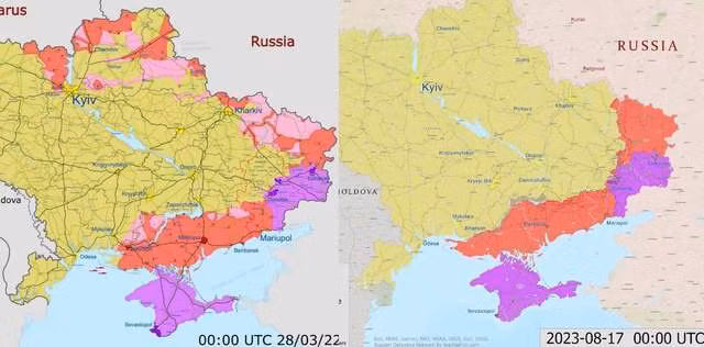 Nhưng câu hỏi đặt ra là quân đội Ukraine đã lấy lại được bao nhiêu diện tích lãnh thổ, sau khi phát động phản công suốt 3 tháng với sự hỗ trợ gần như toàn diện từ NATO? Tốc độ cuộc phản công có xứng với những gì họ bỏ ra hay không? (Ảnh: So sánh diện tích lãnh thổ Ukraine bị Nga chiếm đóng vào cuối tháng 3/2022 và giữa tháng 8/2023)