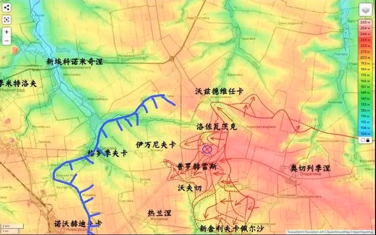 Sau khi quân đội Nga chiếm được Novoselivka Persha, con đường dẫn tới thành phố Pokrovsk ở phía đông tỉnh Donetsk của Ukraine đã được mở ra. Chiến lược dựa vào sông Vovcha để ngăn cản sức cơ động của lực lượng thiết giáp Nga của quân Ukraine đã bị phá sản (Trong ảnh những mũi tên đỏ là hướng tấn công của Nga, còn đường xanh là tuyến phòng thủ thứ ba của Ukraine).