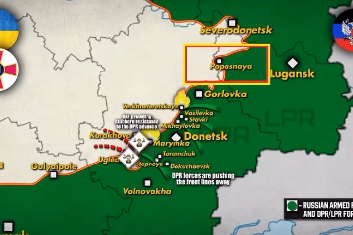 Cuộc chiến tại Donbass kéo dài đã nhiều ngày, cuối cùng đã tạo ra một bước đột phá lớn; tuyến phòng thủ được đầu tư có chiều sâu của Ukraine ở Donbass, đã bị quân Nga và dân quân Luhansk thân Nga đột phá thành công; đó là thị trấn Popasnaya ở trung tâm vùng Donbas, đã bị quân Nga chiếm đóng cách đây vài ngày.