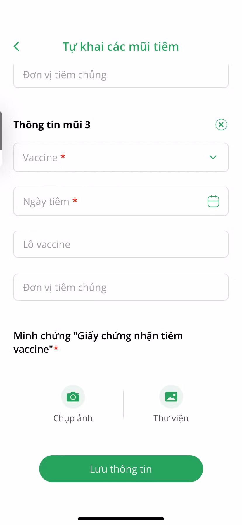 Thông tin hợp lệ cần đính kèm ảnh chụp của Giấy chứng nhận tiêm vắc xin.