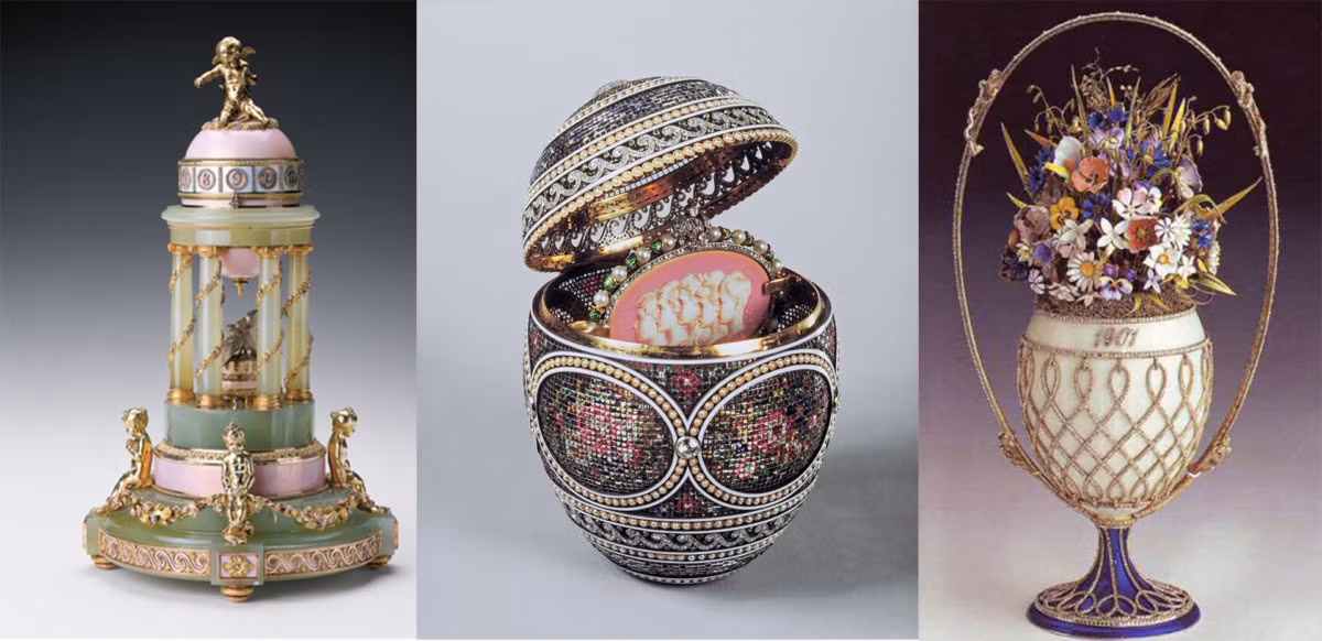 Theo thiết kế, trứng Phục sinh Fabergé có thể mở ra làm 2 phần. Bên trong có chứa một bất ngờ có thể một bức chân dung hoặc đồng hồ tí hon.
