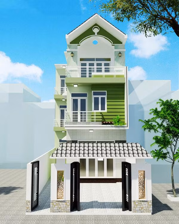 Mẫu số 9: Mái thái sang trọng. Mẫu nhà ống đẹp 3 tầng mái thái kết hợp kiểu chữ L được xây dựng trên diện tích đất khá rộng mang đến sự sang trọng, uy nghi như kiểu nhà biệt thự. Ngoài ra, việc sử dụng 2 tông màu sáng là xanh lá cây và trắng tạo cảm giác hiện đại, tươi trẻ cho ngôi nhà.