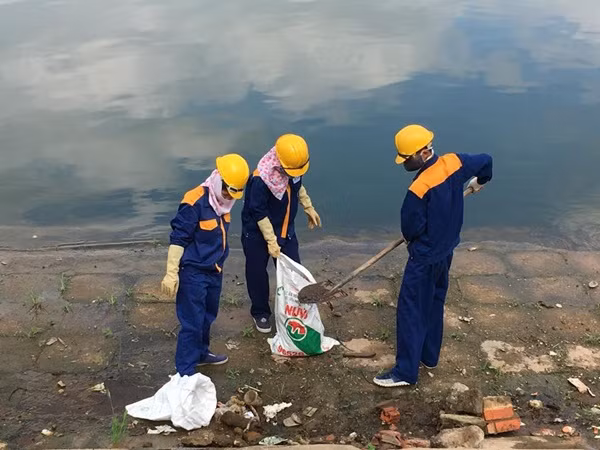Cá sau khi vớt lên bờ được các công nhân môi trường khẩn trương cho vào bao tải đem đi tiêu hủy.