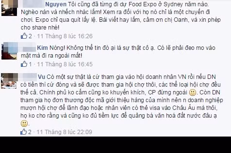 Thành viên Chinh Vu bình luận: "Có một sự thật là cứ tham gia vào hội doanh nhân VN rồi nếu doanh nghiệp có tiền thì cứ đóng và sẽ được tham gia hội chợ thôi, các thể loại hội chợ đều thế cả. Chính phủ không cấm cũng không khuyến khích, Chính phủ đứng ngoài. Còn DN tham gia họ đơn thương độc mã giới thiệu hàng của mình nên doanh nghiệp mượn hội chợ để lãnh đạo hoặc nhân viên có thẻ visa vào châu Âu mà thôi, họ không cho rằng và cũng không đủ tiềm lực để quảng bá văn hoá đất nước đâu".