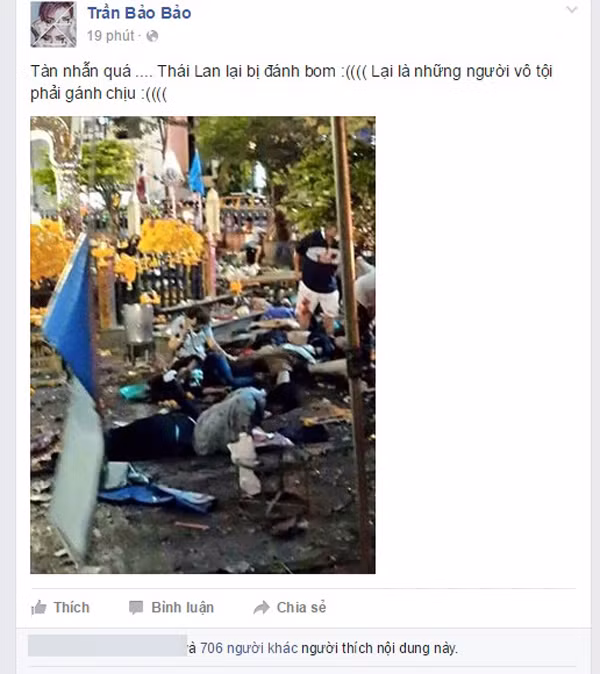 Vụ đánh bom xe mô tô diễn ra ở giao lộ Ratchaprasong gần đền thờ Erawan, một điểm du lịch ở quận Chidlom. Các bức ảnh lan truyền trên mạng cho thấy lửa và khói nghi ngút bốc lên cùng với các mảnh vỡ kính ô tô nằm vương vãi trên đường phố. Lo lắng cho người thân đang du lịch, sinh sống và học tập ở Bangkok, nhiều bạn trẻ chỉ còn biết lên mạng dò hỏi, cập nhật thông tin.