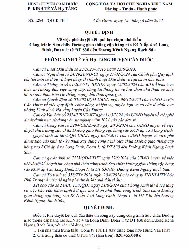 Long An: Nang luc nha thau Hung Van Phat trung 31/33 goi thau