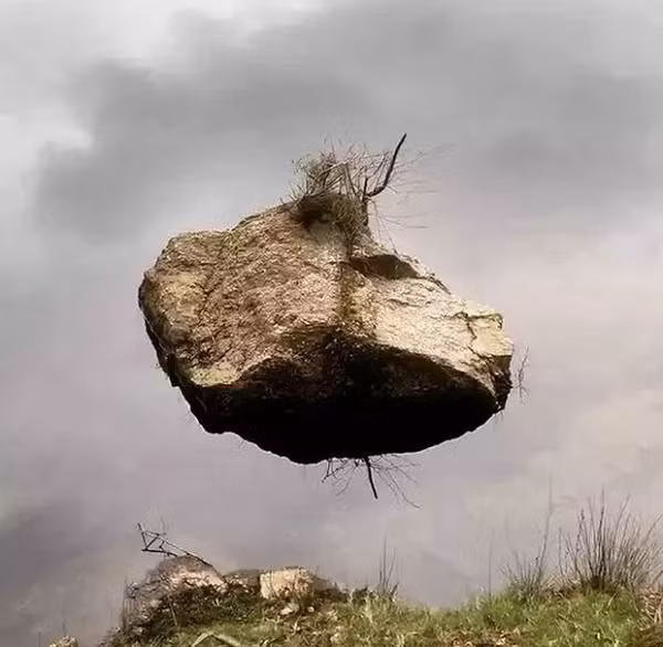 Đây hoàn toàn là ảnh thật không qua photoshop. Tuy nhiên không phải tảng đá đang lơ lửng trên không mà đang nằm trên mặt nước.