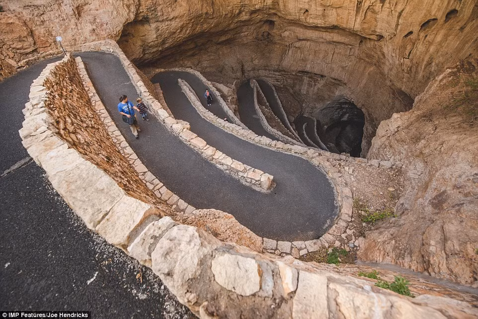 Rhonda và con trai Austin dắt tay nhau trên con đường dẫn xuống hang Carlsbad Caverns ở bang New Mexico.