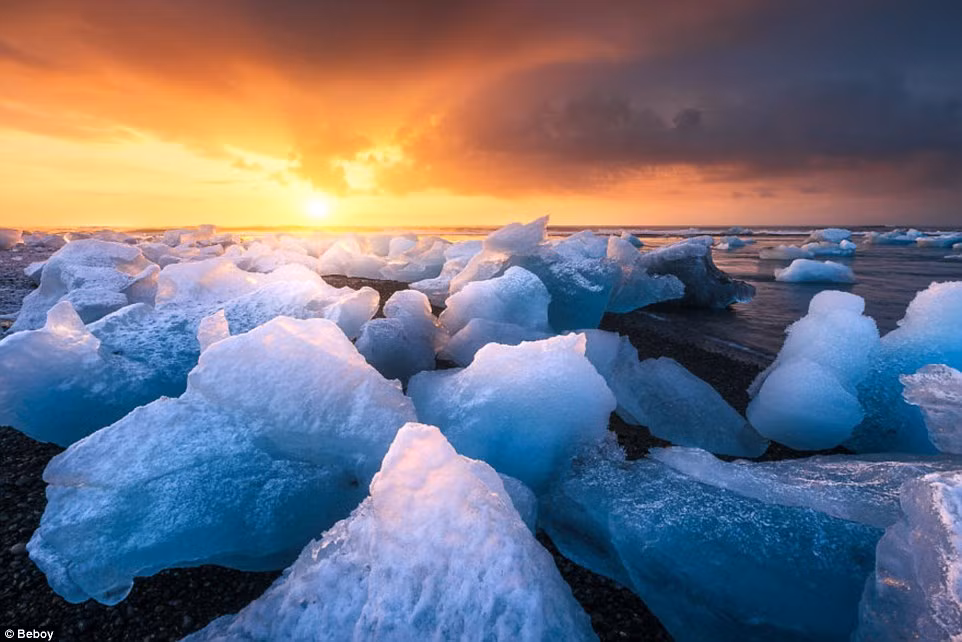 Cảnh tượng bình minh trên bờ biển phủ đầy băng chưa tan ở Iceland. (Nguồn: Daily Mail)