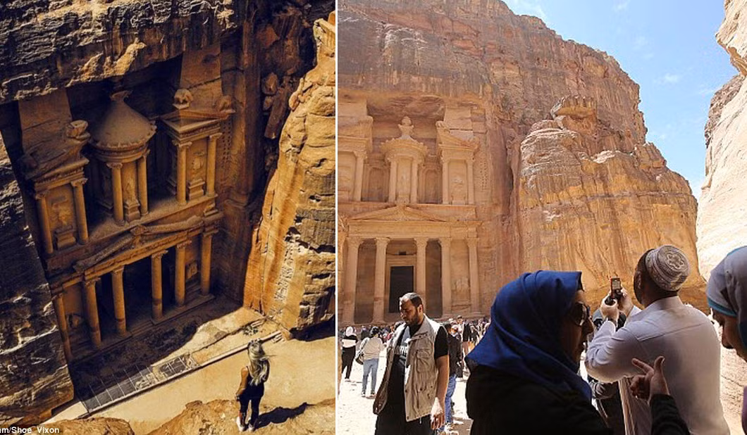 Nhiều người nghĩ rằng họ sẽ trải nghiệm không gian vắng vẻ tại công trình Petra ở Jordan (trái), nhưng nơi đây lúc nào cũng đông kín du khách.