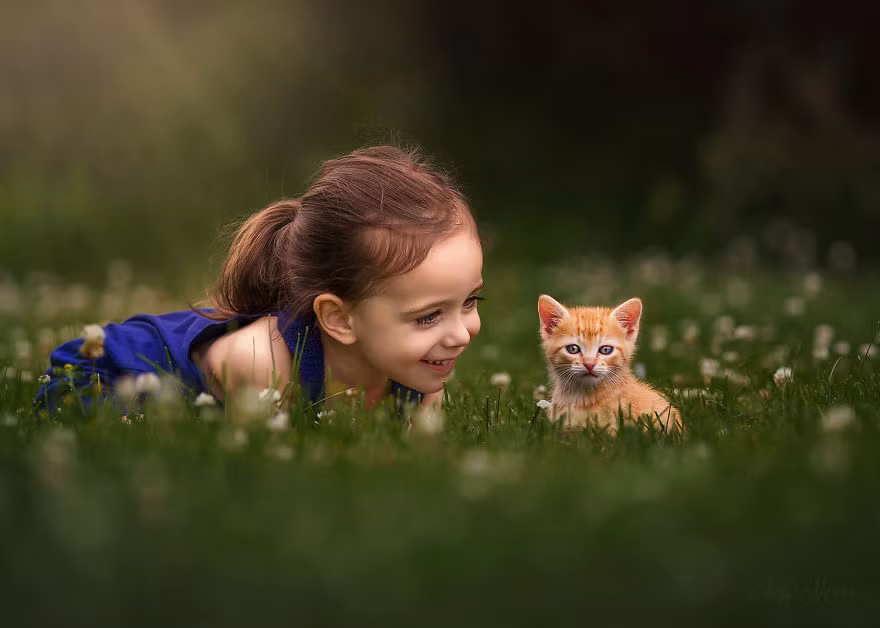 Cô bé thể hiện tình cảm thân thiến với mèo con đáng yêu.