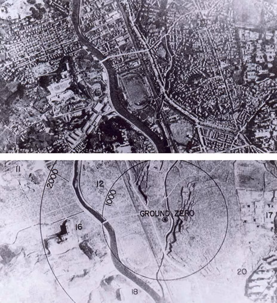 Hình ảnh ám ảnh chụp từ trên cao hai thành phố Hiroshima và Nagasaki ở Nhật Bản bị tàn phá nghiêm trọng sau khi bị Mỹ lần lượt thả 2 quả bom nguyên tử năm 1945.
