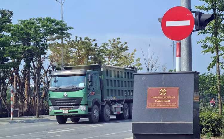 Nhiều xe tải chở cát có dấu hiệu quá tải trọng ngang nhiên chạy rầm rầm, không thấy bóng dáng lực lượng chức năng huyện Gia Lâm (Hà Nội).