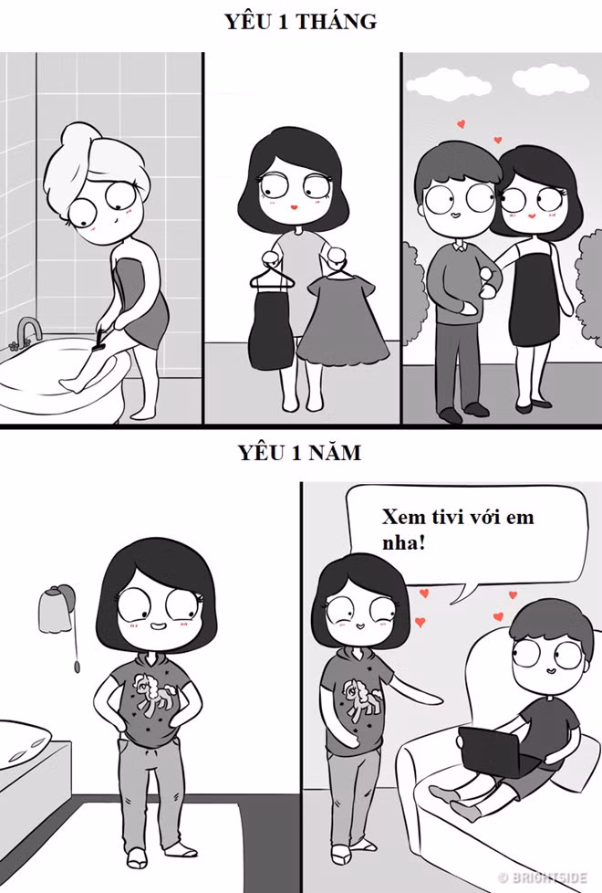 Con gái khi hẹn hò lần đầu sẽ rất tỉ mỉ, chuẩn bị kỹ càng để xuất hiện lộng lẫy nhất, nhưng sau một năm thì chẳng ngần ngại để mặt mộc, ăn mặc giản dị trước mặt chàng.