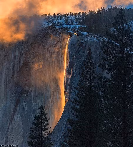 Khoảnh khắc dòng thác Horsetail ở Vườn quốc gia Yosemite, Mỹ, dội dòng nước đỏ như nham thạch xuống chân thác. Hiện tượng này xuất hiện khi mặt trời lặn ở một góc chính xác với thác nước, ánh nắng chiều chiếu vào dòng nước khiến nó có màu đỏ rực hoặc màu cam.