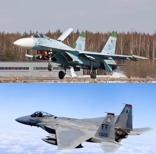 Giống như hầu hết các vũ khí được phát triển dưới thời Liên Xô, Su-27 được xác định là đối trọng, thậm chí là phải vượt trội so với các máy bay đối thủ từ Mỹ. Trong trường hợp này là máy bay chiến đấu đa năng hạng nặng F-15 Eagle. Ảnh: Forces.