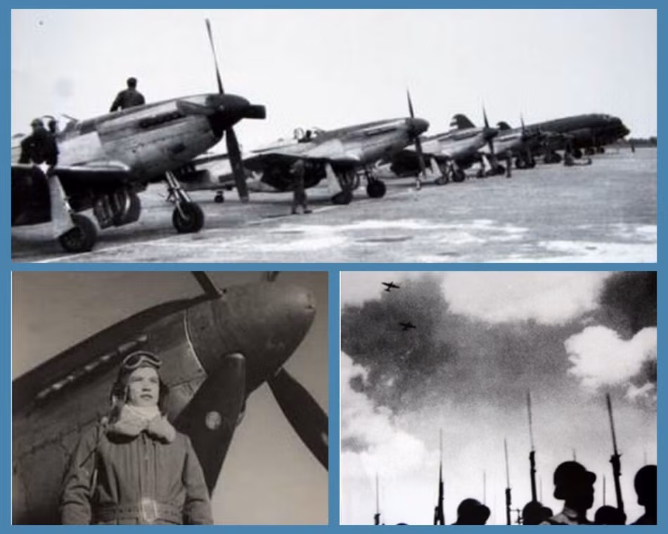 Trong ảnh là lễ duyệt binh đầu tiên của Trung Quốc năm 1949 với các ảnh ghép gồm: máy bay tham gia duyệt binh trước giờ cất cánh; phi công chụp ảnh kỉ niệm; bộ binh diễu qua Thiên An Môn.