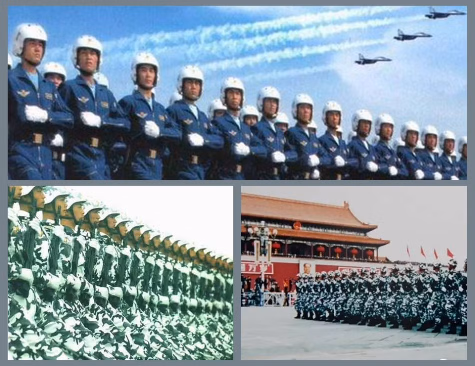Hình ảnh duyệt binh năm 1999 với sự đổi khác về mặt quân phục và nhiều hơn nữa về trang bị của Quân đội Trung Quốc khi có sự xuất hiện của tiêm kích Su-27/30.