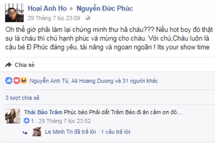 Nhạc sĩ Hồ Hoài Anh chúc mừng Đức Phúc: “Thế giờ phải làm lại chứng minh thư hả cháu? Nếu hot boy đó thật sự là cháu thì chú hạnh phúc và mừng cho cháu. Với chú, cháu luôn là cậu bé Đức Phúc đáng yêu, tài năng và ngoan ngoãn”. Ảnh: chụp màn hình
