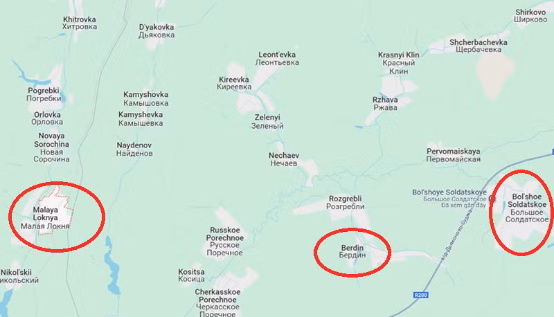 Tuy nhiên, quân đội Ukraine vẫn đang tái tổ chức lực lượng. Rõ ràng, họ có ý định phát động một đợt tấn công lớn tại một số khu vực ở đây, có thể là theo hướng Berdin và Bolshoye Soldatskoye, hoặc cũng có thể là gần Malaya Loknya. Ảnh: Google Maps